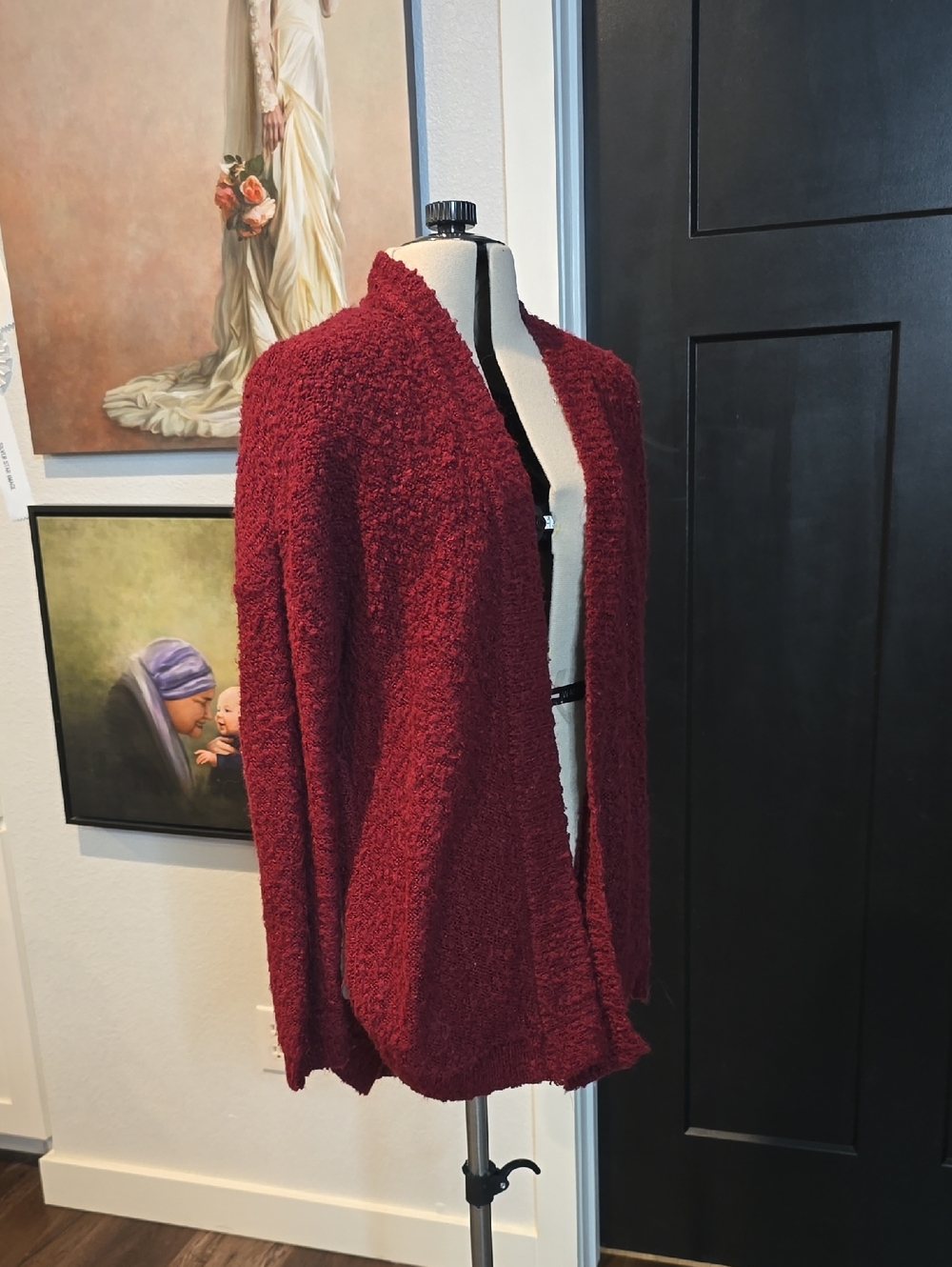 Cozy Open-Front Women’s Sweater Cardigan - Burgundy-chunky hi/low